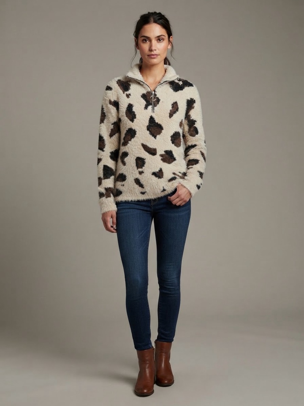 Entro Fuzzy Leopard Print 1/4 Zip Pullover Sweater